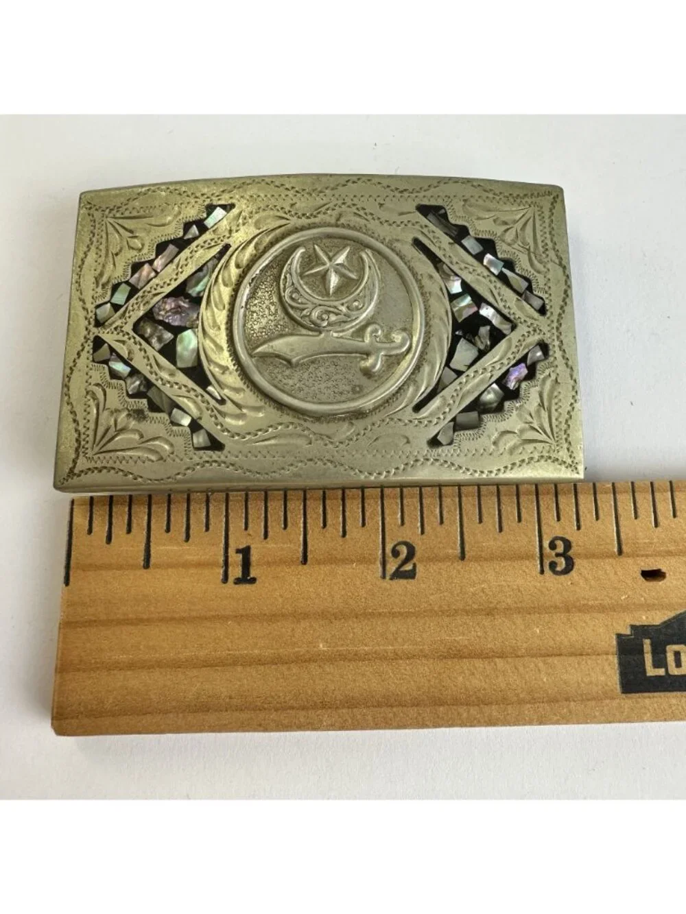Mexican Alpaca Silver Shriner's Belt Buckle with MOP Accents